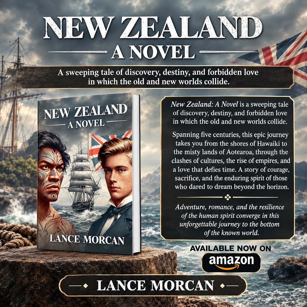 Promotional design for New Zealand: A Novel by Lance Morcan, created by Charlotte Reads/Creative