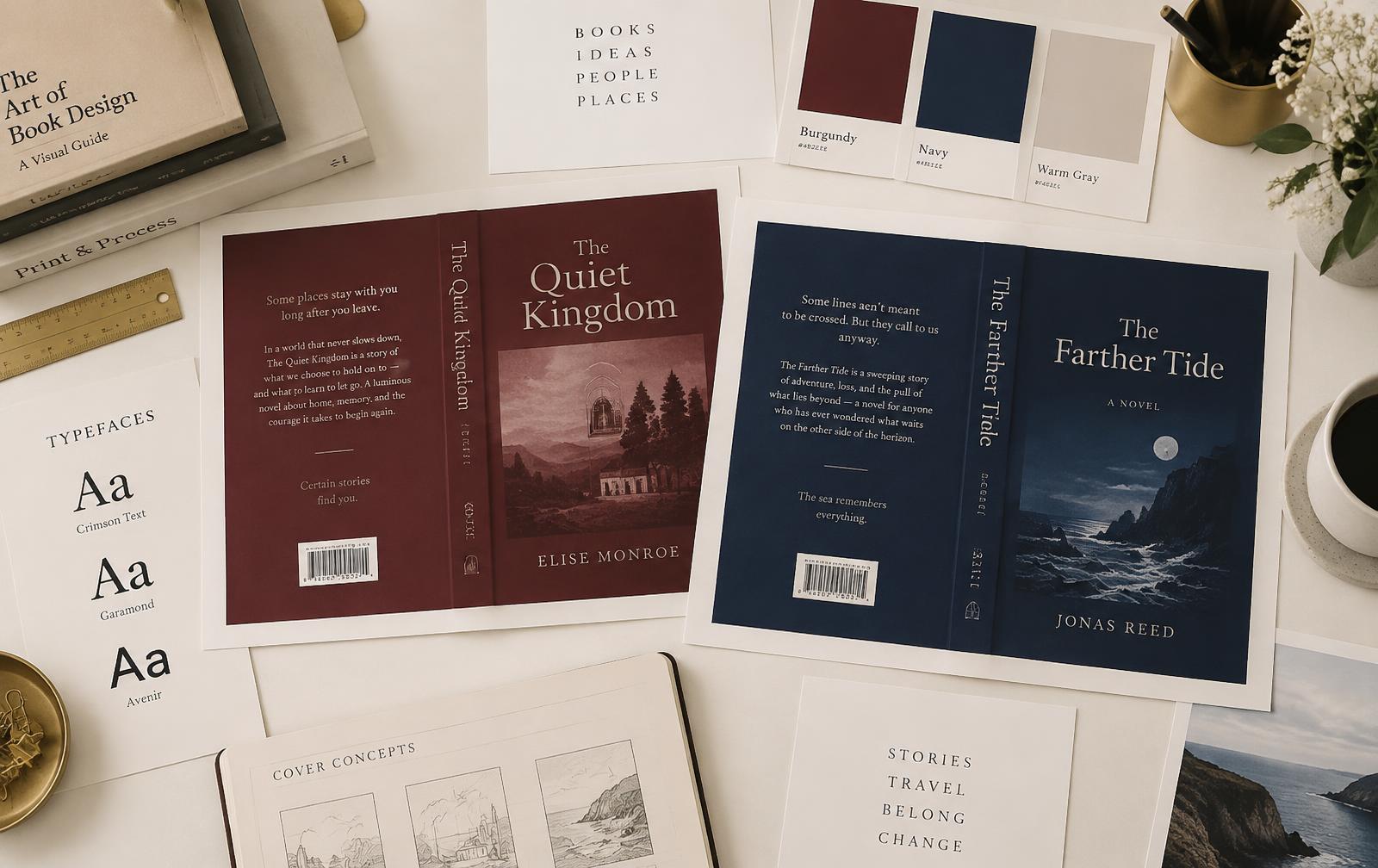 Book cover proofs, colour swatches and typography specimens on a cream desk